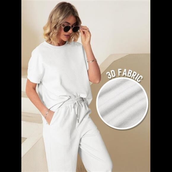 Womens 2 Piece Lounge Sets Short Sleeve Loose Fit Top and Wide Leg Pants Set - Picture 4 of 7